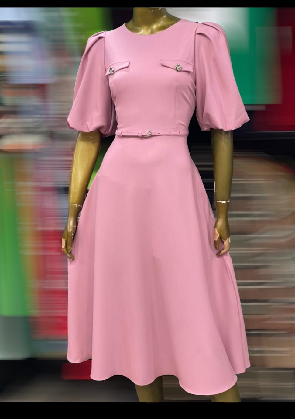 Blush Puff Sleeve Belted Midi