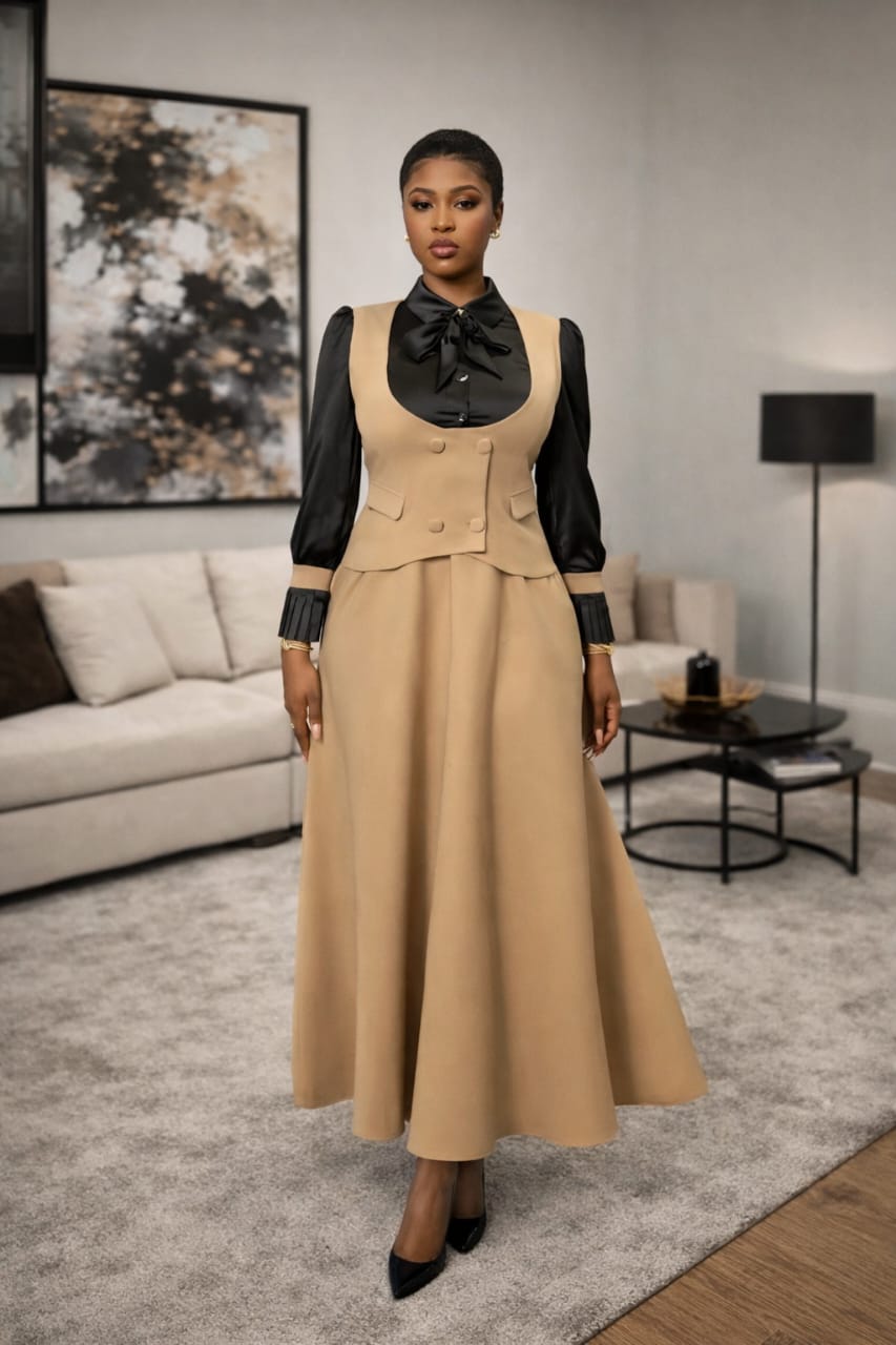 Camel Maxi And Black Bow Blouse