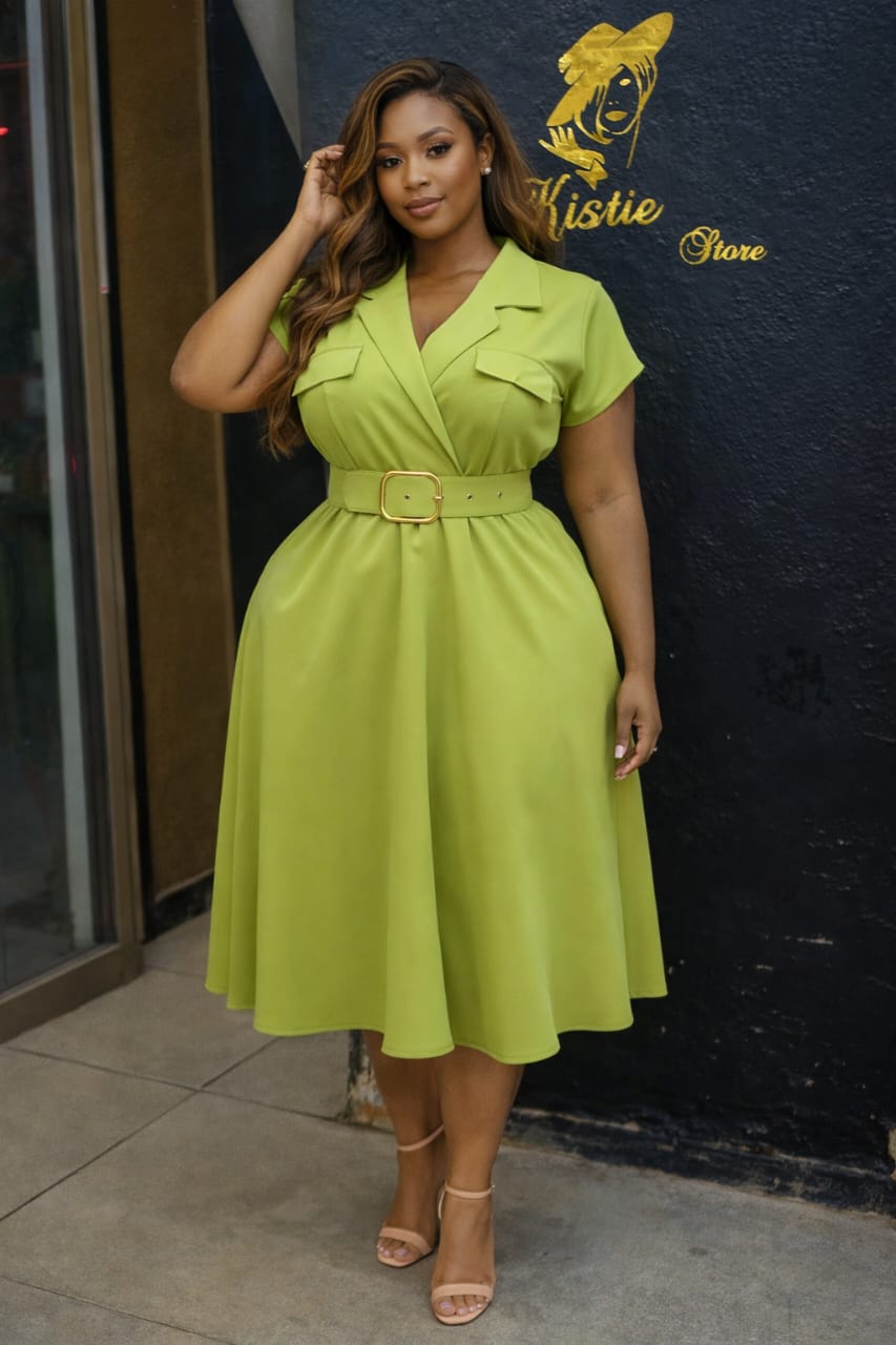 Chartreuse Belted Lapel Shirtdress