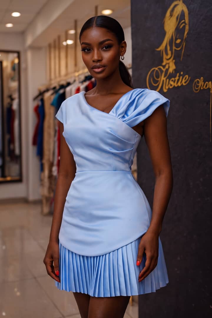 Ice Blue Pleated Satin Mini