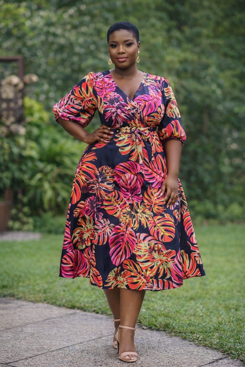 Monstera Wrap Midi Dress