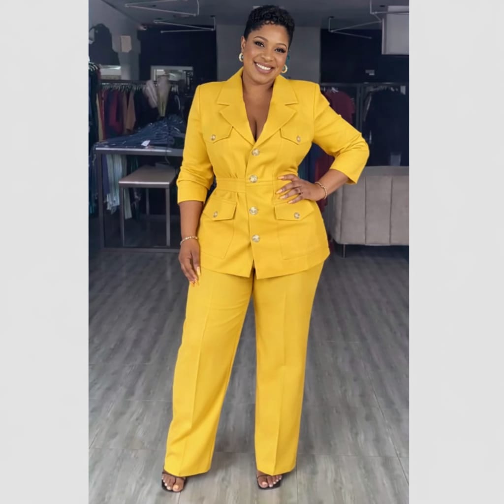 Mustard Gold Button Belted Pantsuit