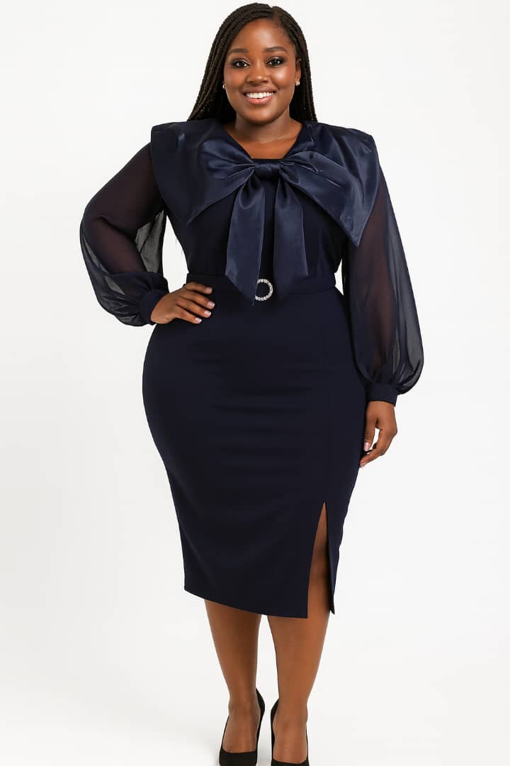 Navy Satin Bishop Sleeve Midi