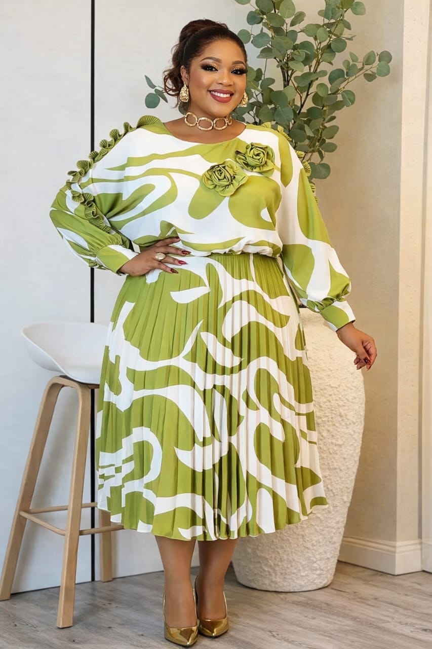 Olive Abstract Ruffle Sleeve