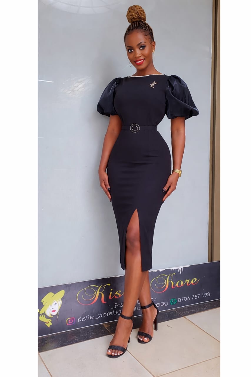 Satin Puff Sleeve Slit Midi