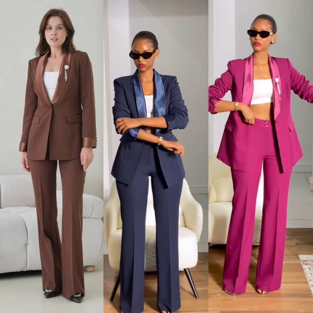 Three Panel Comparison Brown, Navy, And Magenta Suits
